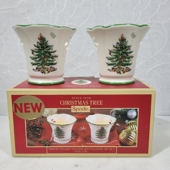 Spode Set of 2 Ceramic Christmas Tree Pierced Tea Light Holder with Tea Lights - Picture 1 of 16